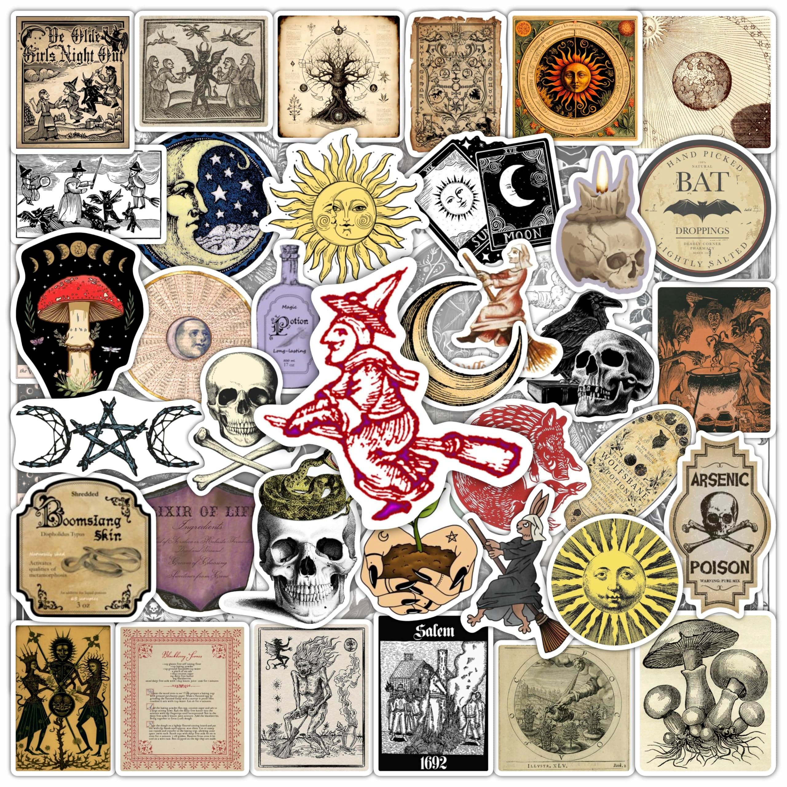 BulbaCraft Medieval Witch Stickers for Water Bottle and Laptop - Witchcraft Party Favors & Decorations, Waterproof Vinyl Magical Decals, Gifts for Women & Men