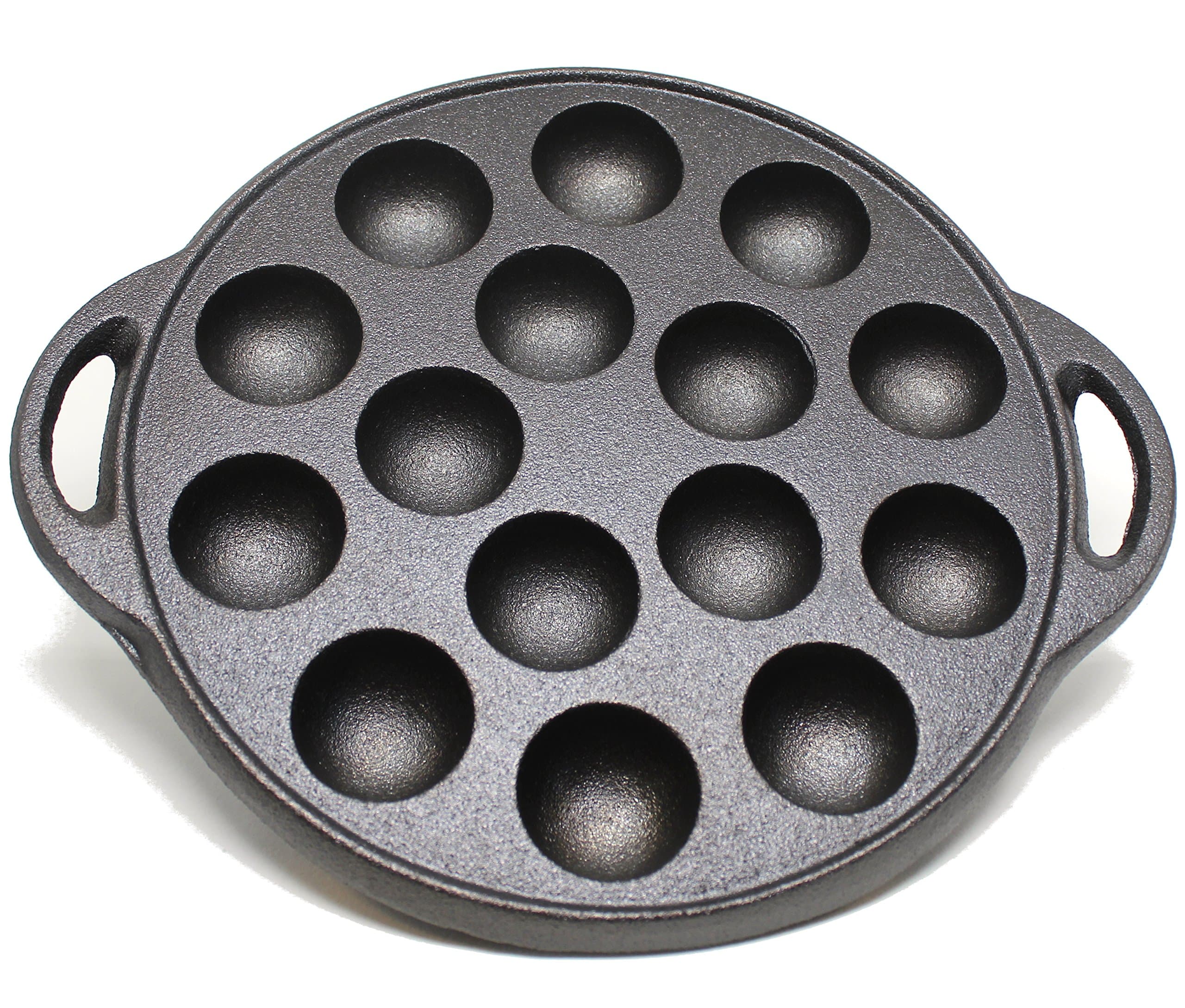 Kasian House Cast Iron Griddle for Making Poffertjes Pancake Balls, Takoyaki, and Thai Kanom Krok and Other SMALL Desserts, 1.5" DIAMETER Half Sphere Molds, Pre-Seasoned