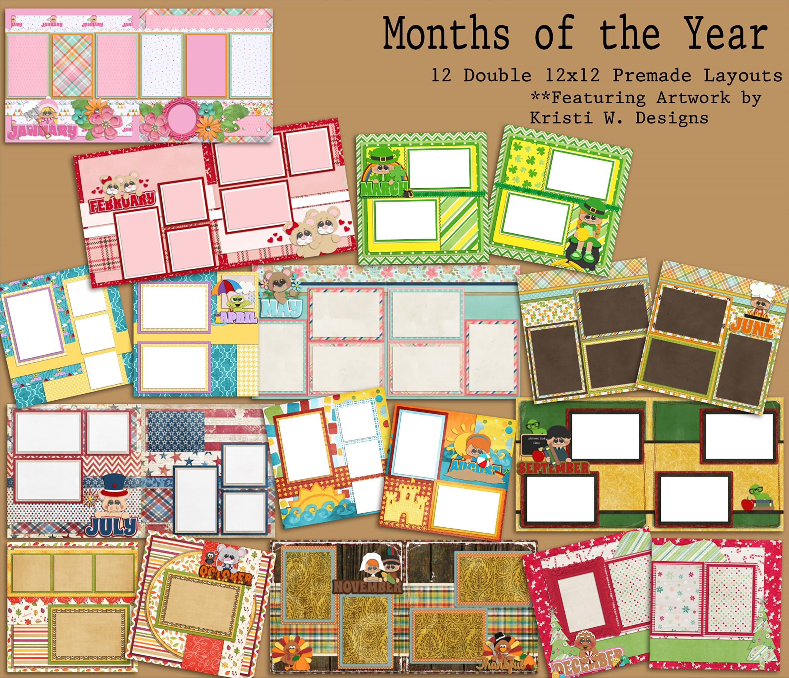 Months of the Year Scrapbook Set - 12 Double Page Layouts