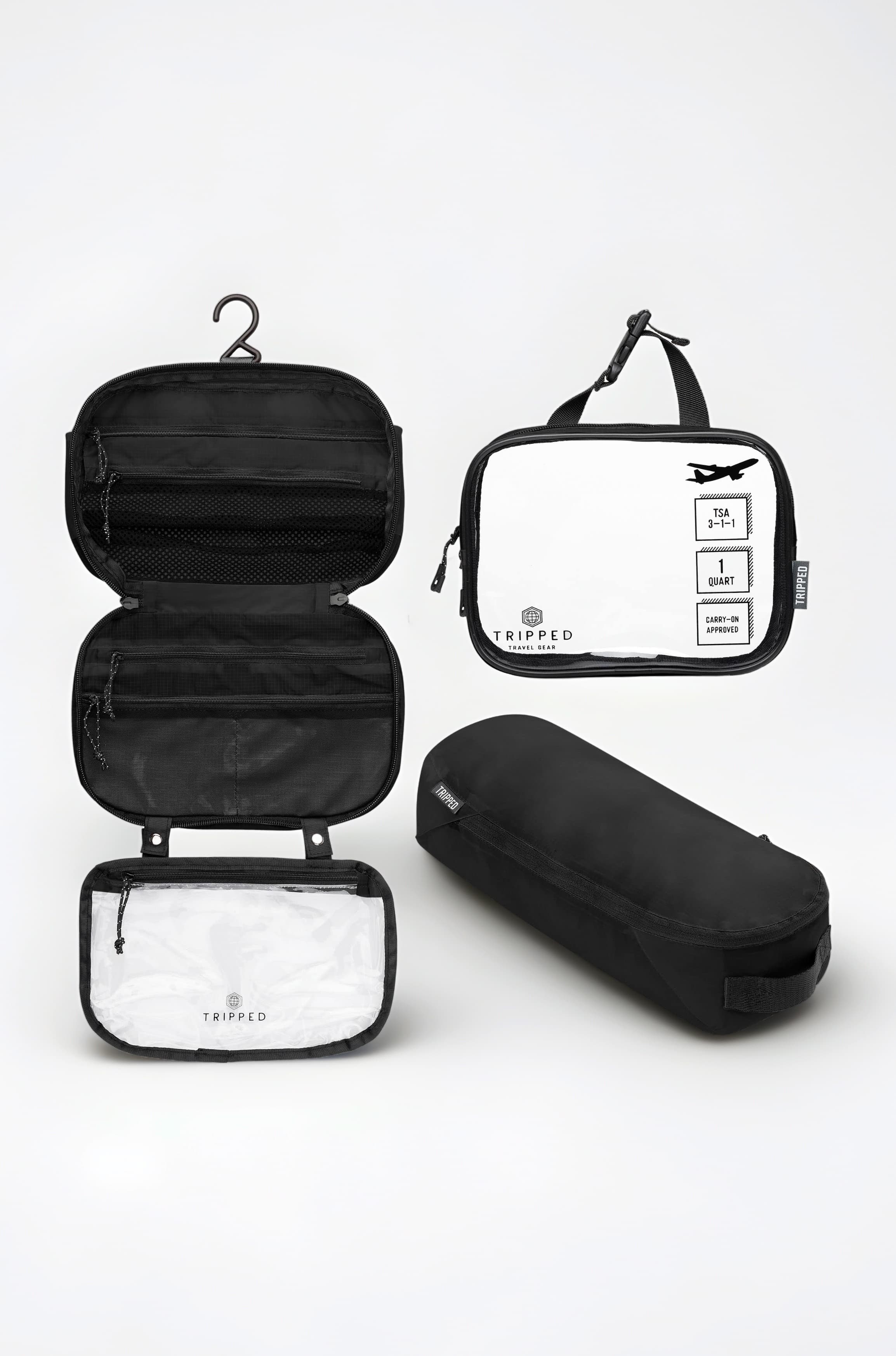 Toiletry Bag Kit Set: Hanging Travel Toiletry Bag + 311 TSA Cosmetic Liquid Bag + Ultralight Accessory Organizer Pouch, Black Ripstop, 3 Piece Toiletry Set