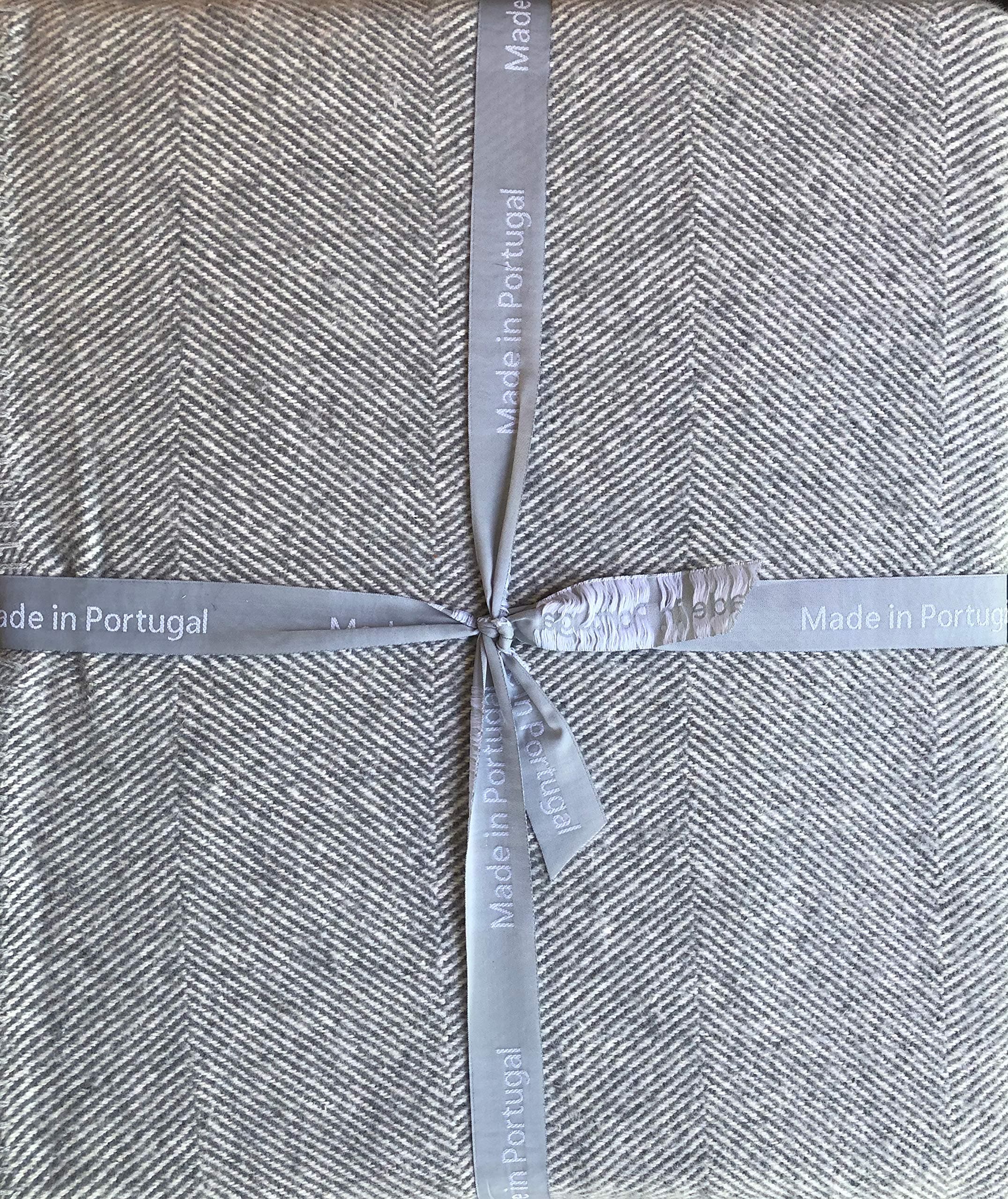 Bed Blanket Gray Beige Tan Herringbone Pattern with Smooth Sewn Edge Made in Portugal (Queen)