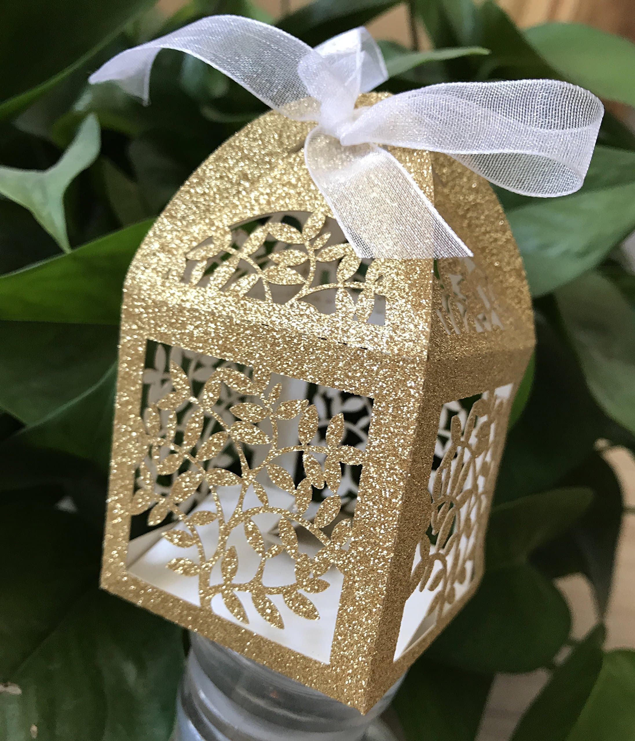 100pcs Glitter Gold Favour boxes,leaf Small Wedding favor boxes,wedding favor boxes with ribbon,gold candy box, gold Candy Gift Packaging boxes,wedding favors for guest