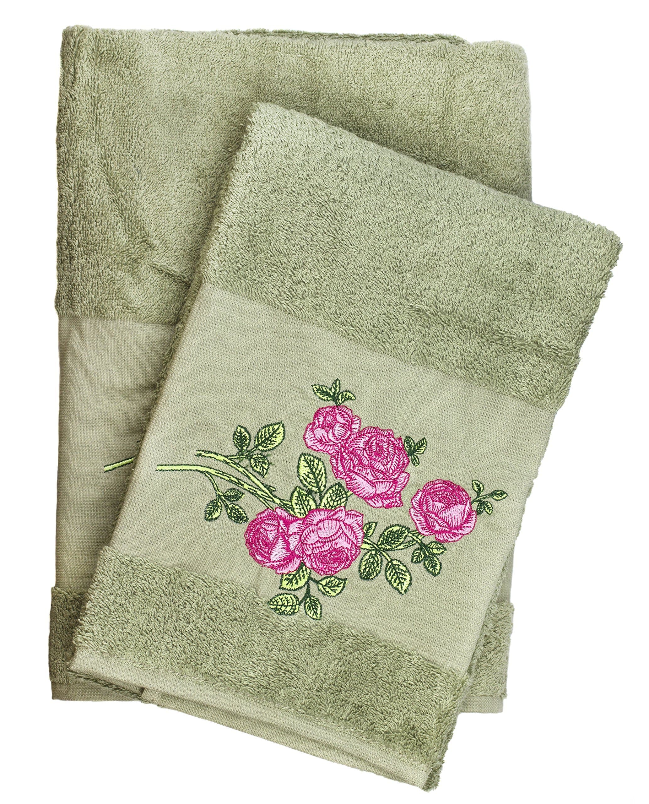 Ebru Luxury Rose Embroidered Bath and Hand Towel 100% Cotton Bathroom Set & Gift