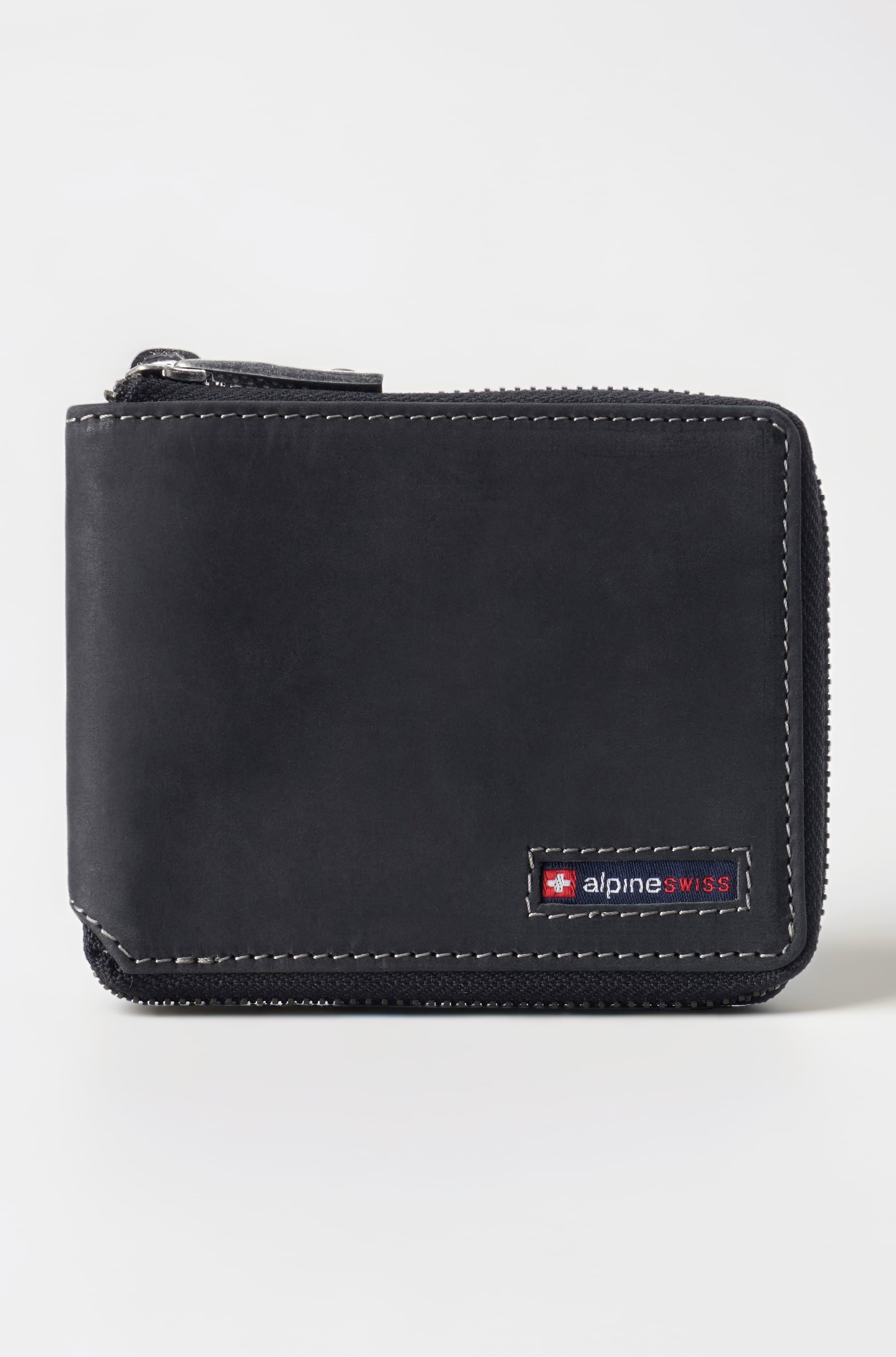 Alpine Swiss Logan Zipper Bifold Wallet For Men or Women RFID Safe Hampton Collection Nubuck Black