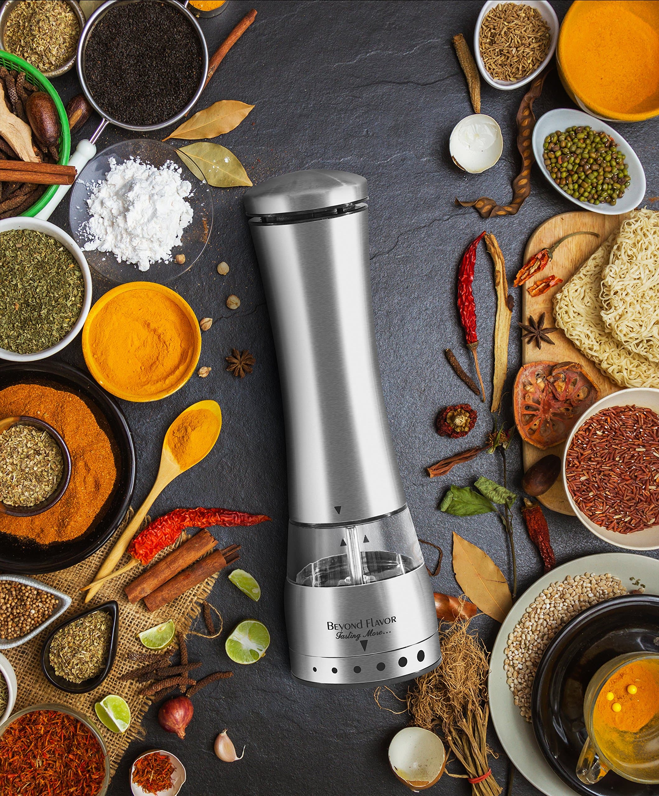Electric Salt & Pepper Grinder Set By Beyond Flavor |Complimentary Mill Rest |Pack Of 2| LED Light| Automatic Battery Operated Salt and pepper mill |Adjustable Coarseness| Bonus: Recipe E-Book
