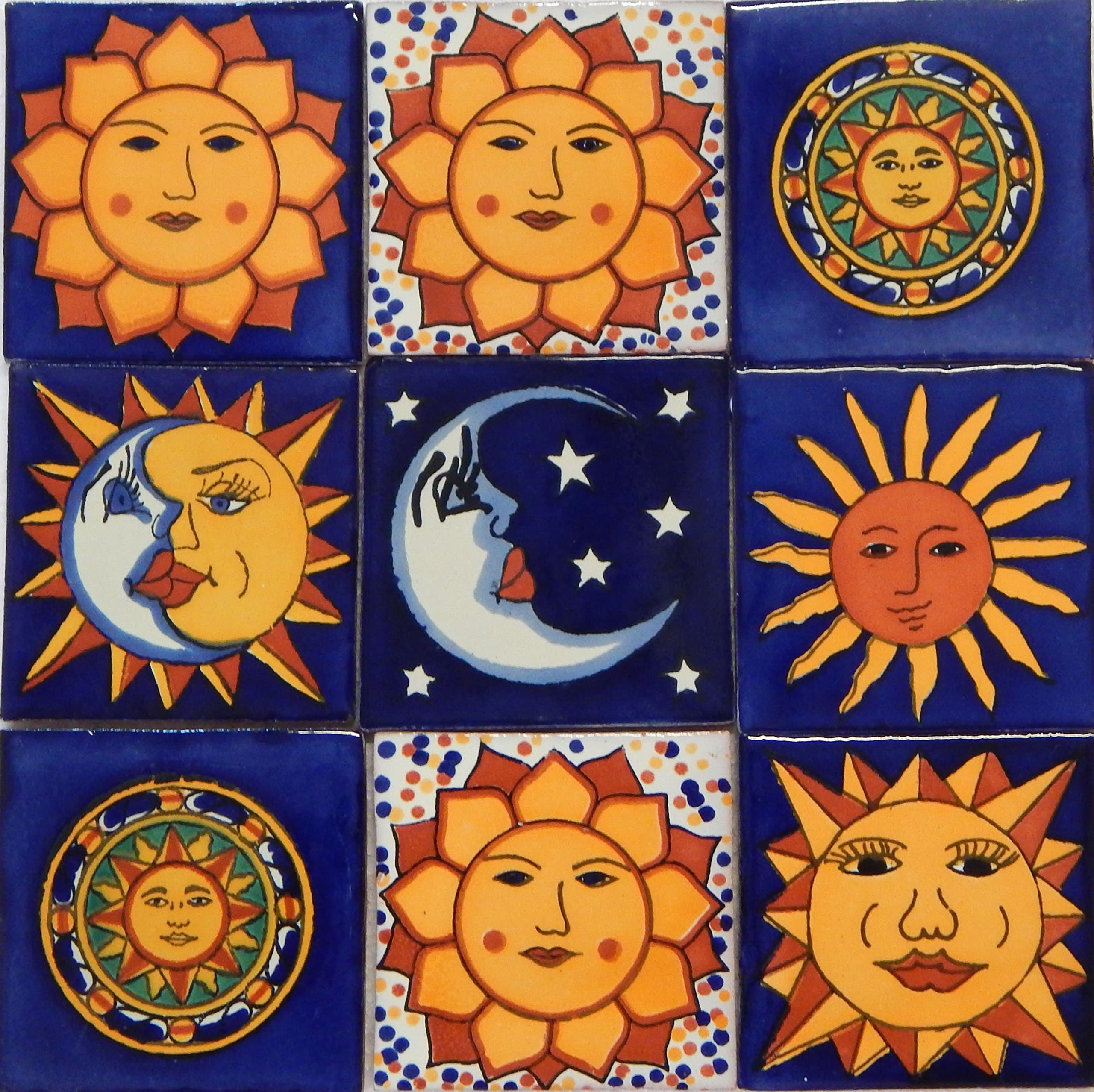 COLOR Y TRADICIÓN Sun Moon Talavera Mexican Tile 4x4 Hand Painted