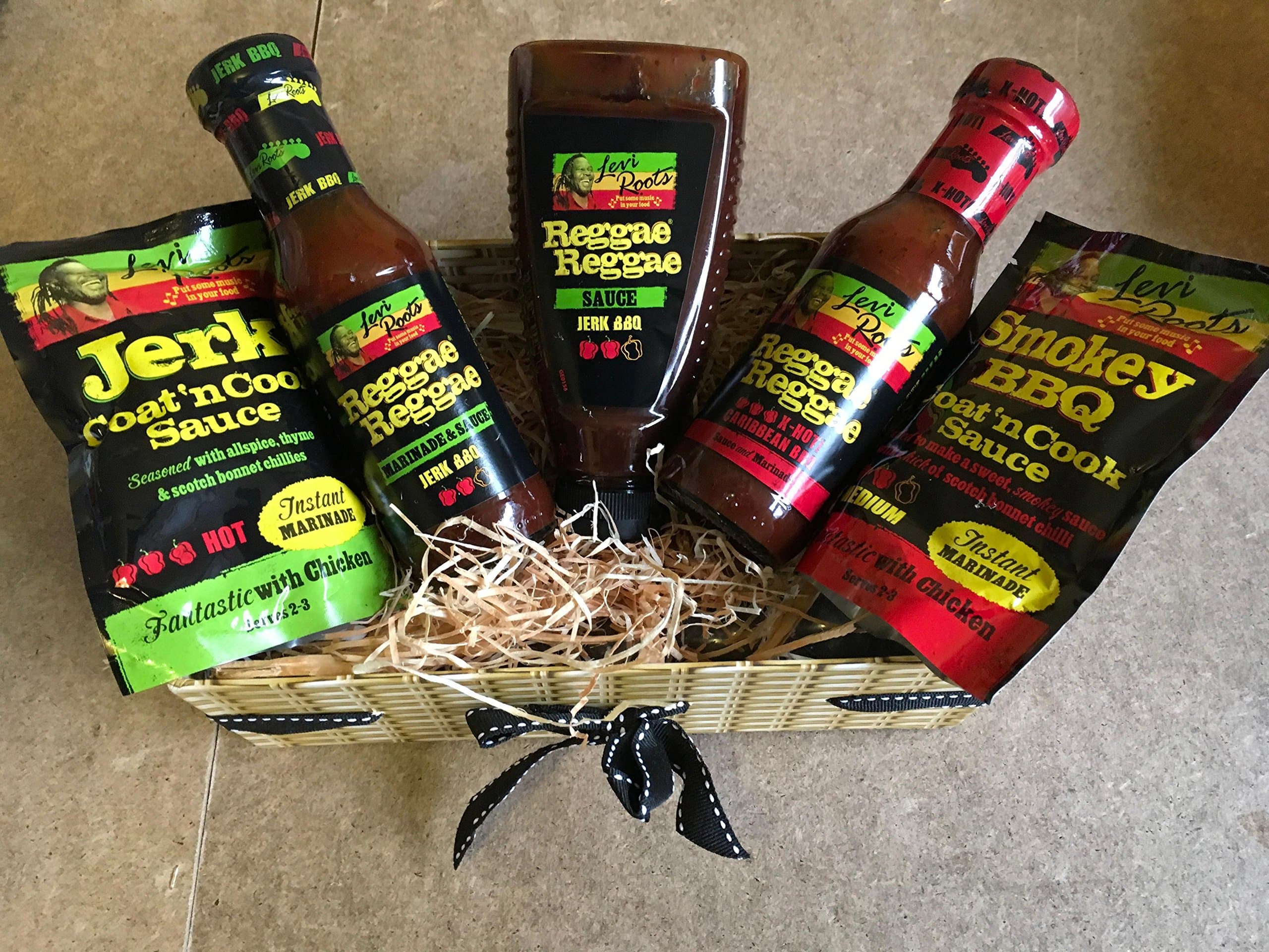Levi Roots Reggae Reggae Sauce Hamper Present Box Jerk BBQ Marinade hot Medium 5 Pk Box