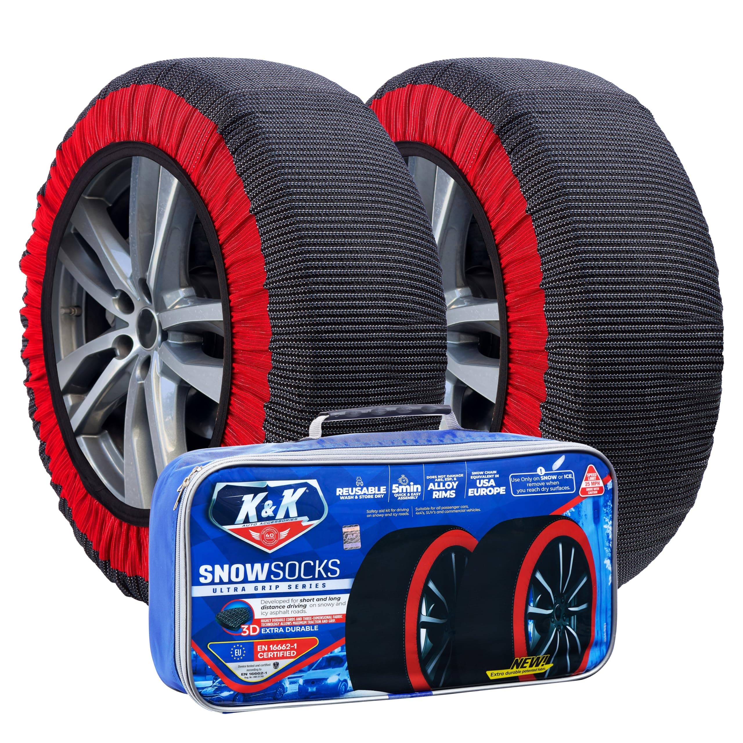 K&K Auto Snow Socks for Tires – Pro Series for Ultimate Grip Approved Snow Chain Alternative Traction Device – Tire Sock for Car SUV Van Minivan – Winter Travel Accessory Emergency Kit – XL (2pcs)