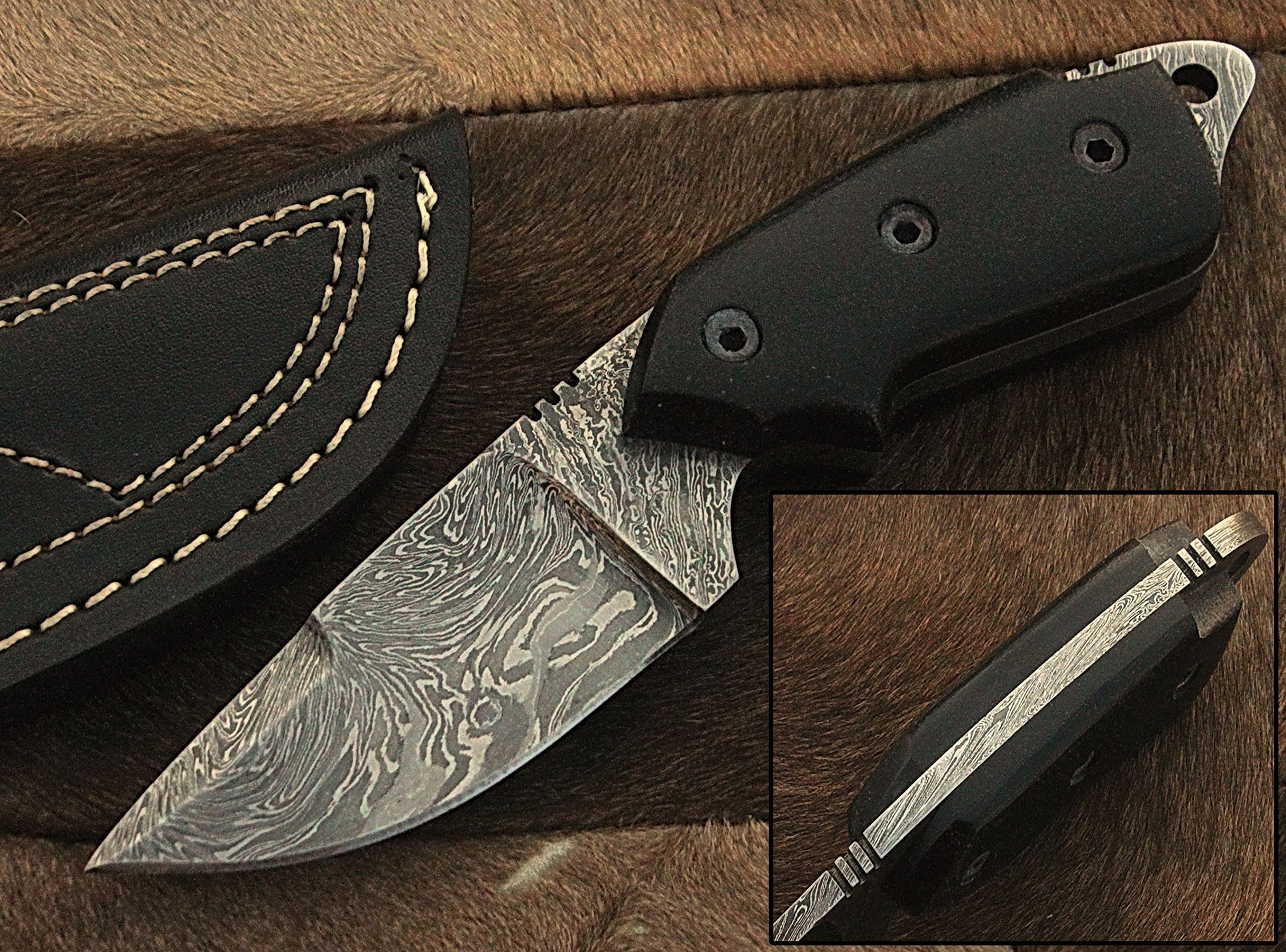 RA-9001 Custom made damascus steel hunting/skiner knife black micarta handle with real leather sheath.