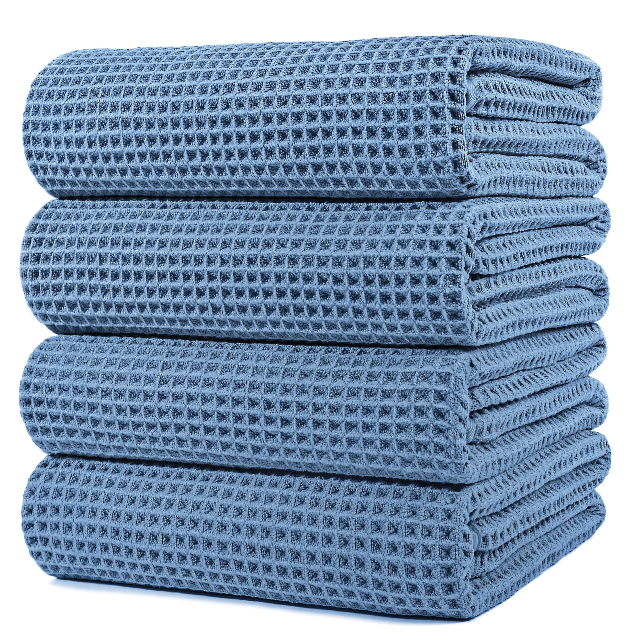 Microfiber Oversize Quick Dry Lint Free Bath Towel, 60 x 30 in, 4 Pack (Blue, Waffle Weave)