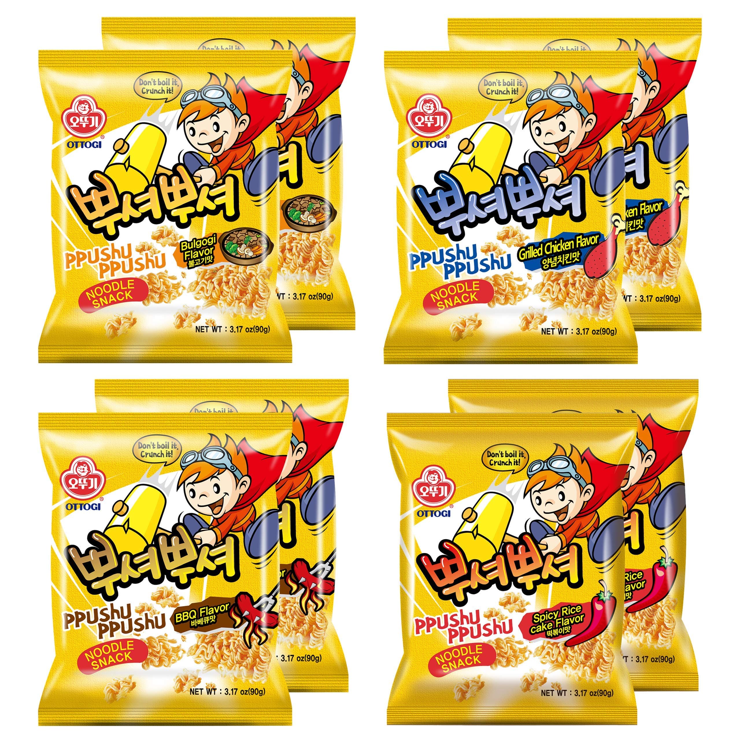 [OTTOGI] PPUSHU PPUSHU NOODLE SNACK- 2 of each Bbq, Bulgogi, Grilled Chicken, Spicy Rice Cake Flavors Variety Pack (90g) - 8 Pack