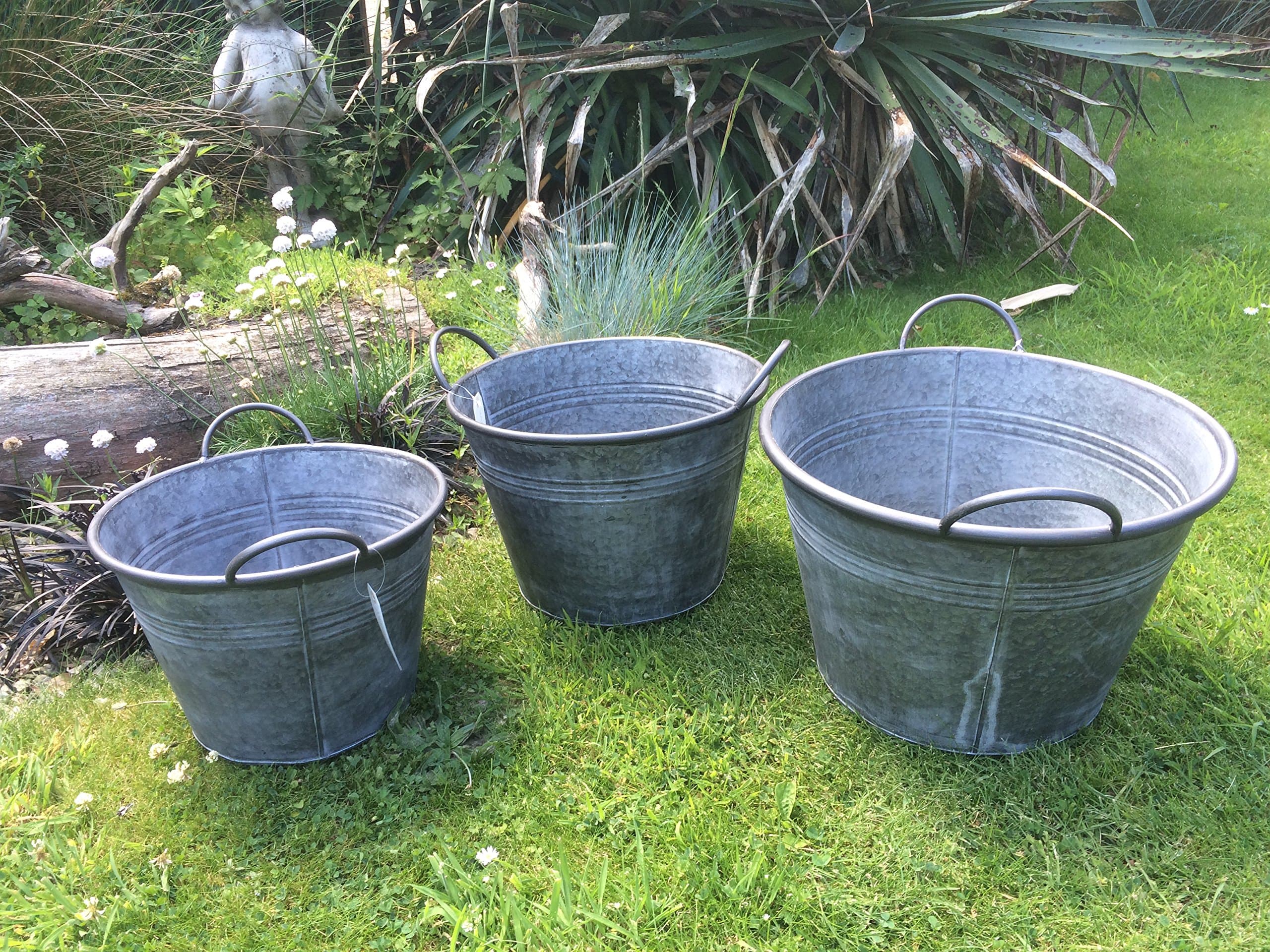 Set Of 3 Round Vintage Zinc Galvanised Metal Garden Flower Planter Tub Pot Buckets (L)