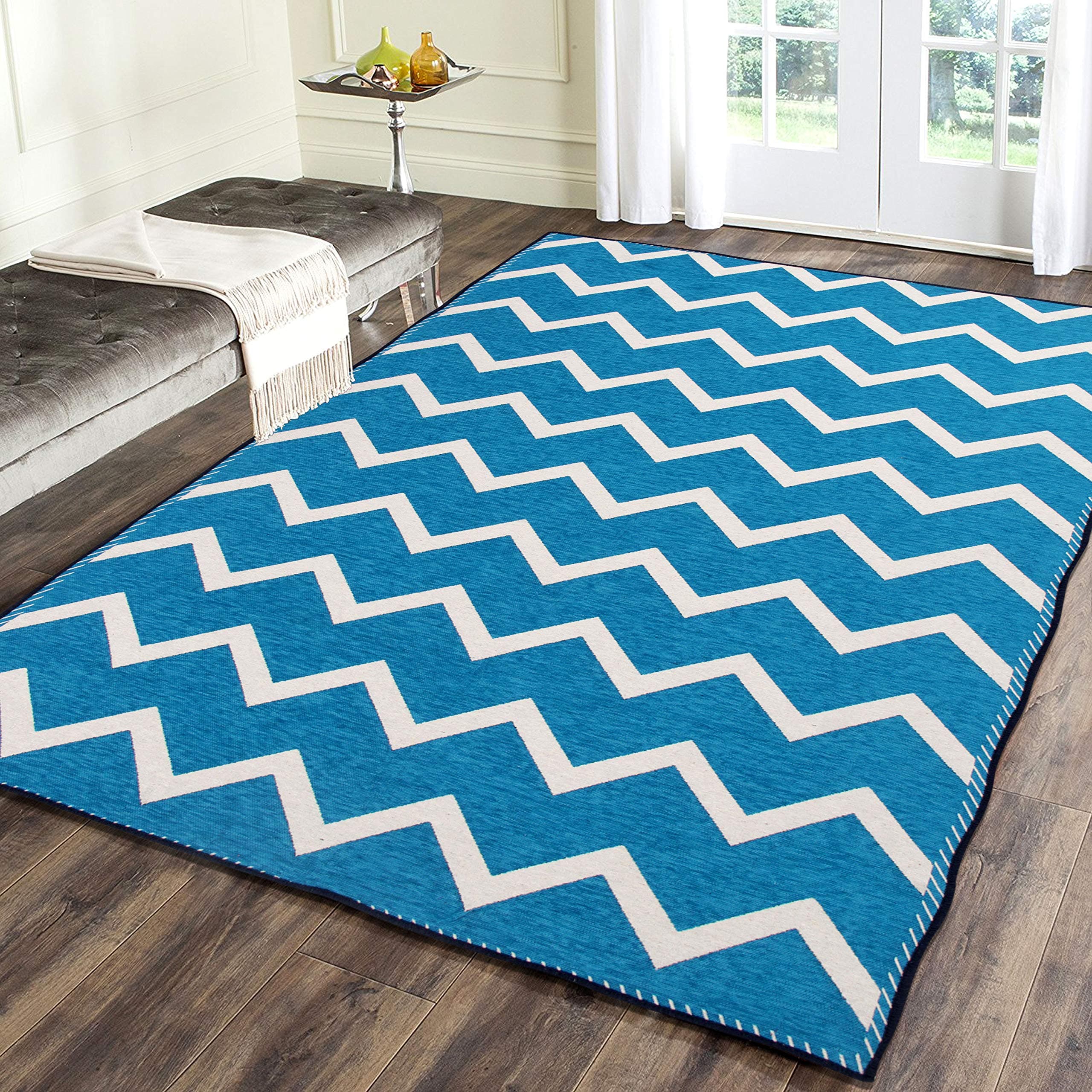 Braids Zesture Chenille Flat Weaved Chevron Design Foldable Multipurpose Runner - 5 feet x 7 Feet (Aqua)