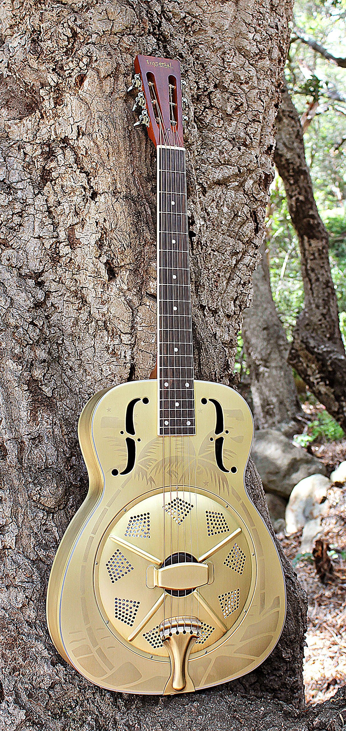 Imperial Palmulator Brass Body Resonator Guitar with Tropical Palm Tree Etching