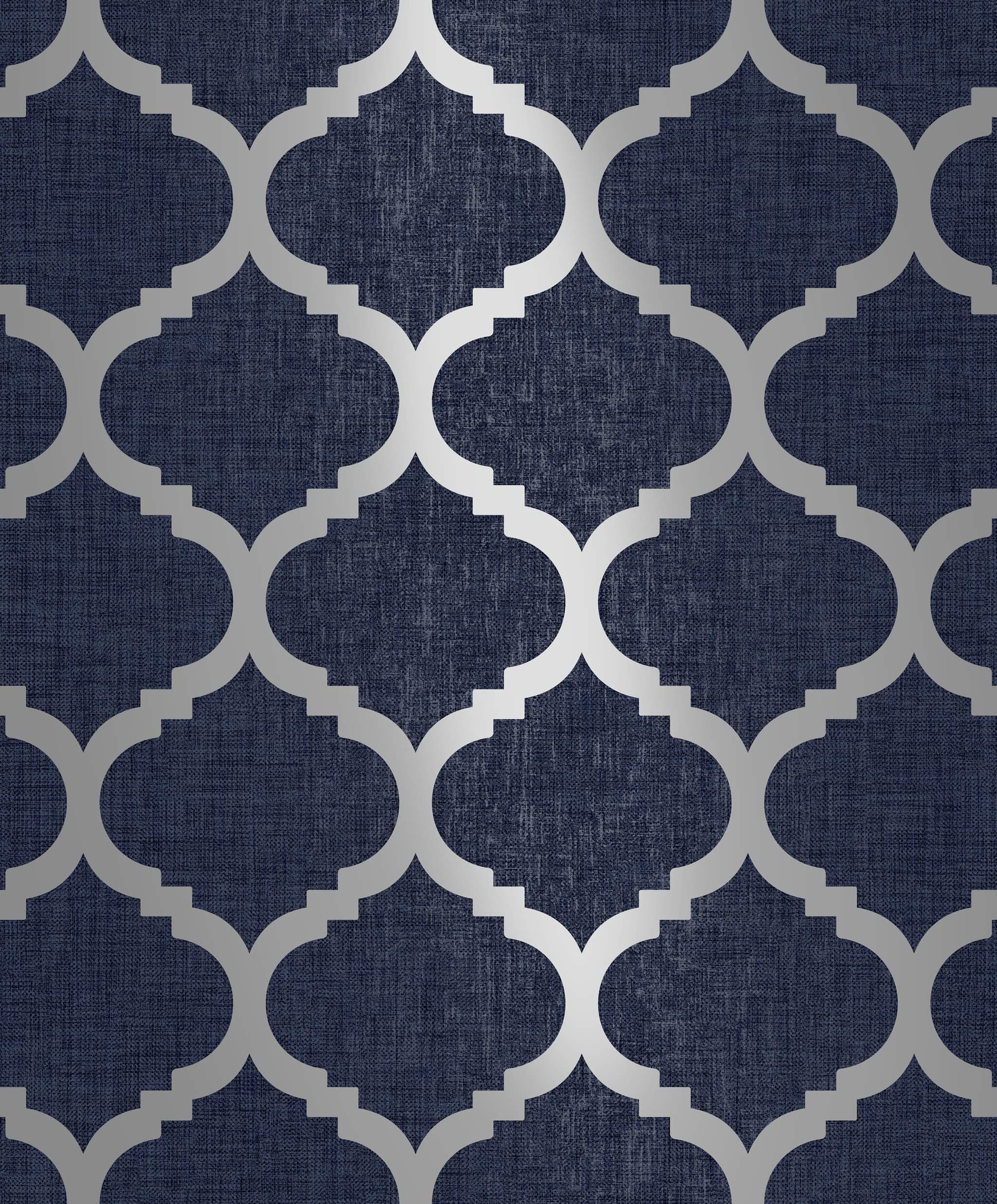Navy Blue Wallpaper Trellis Geometric Metallic Textured Silver Wallpaper Feature Wall