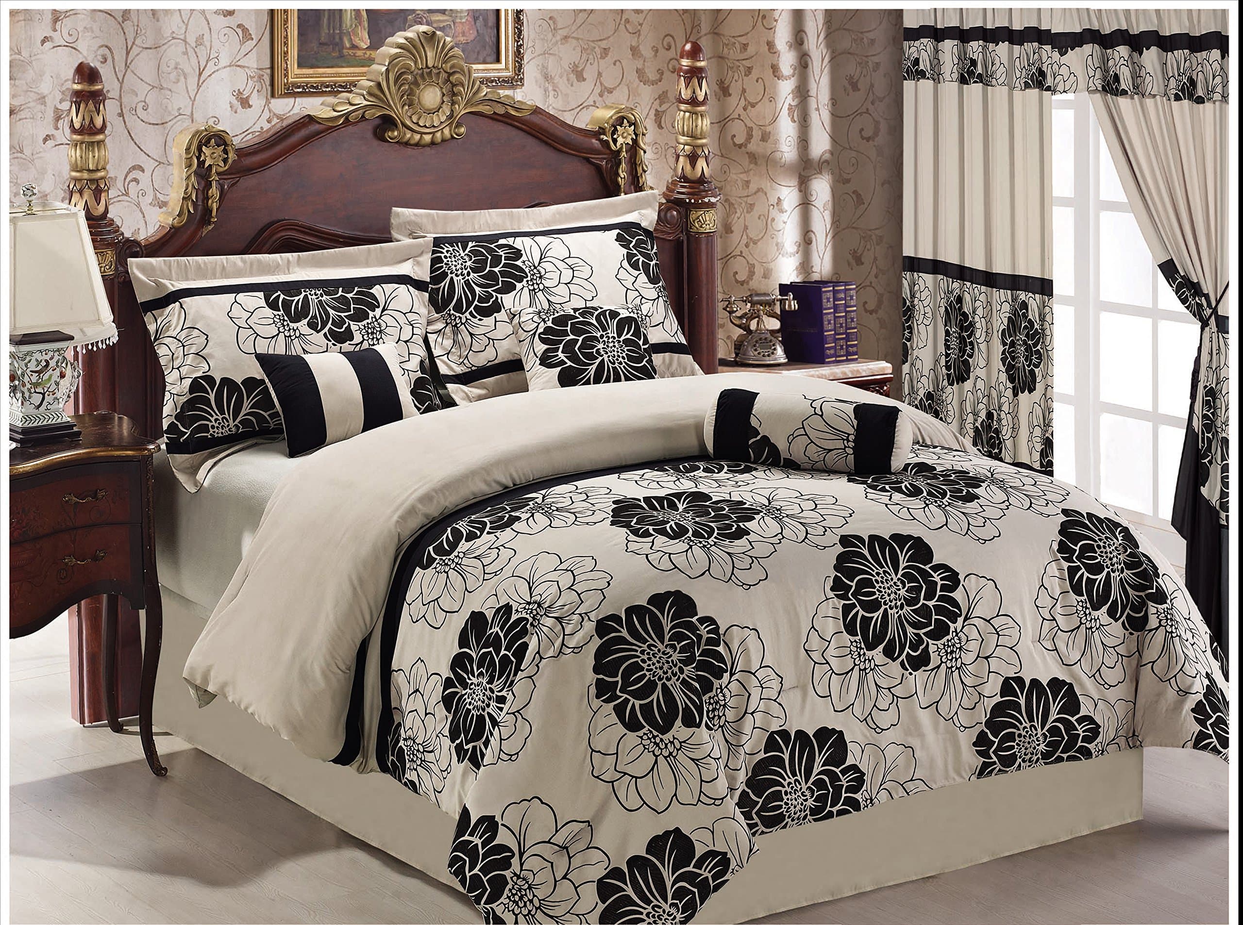 7 Piece Luxury Home Bedding Ivory Flower Queen Size Comforter Set on Sale