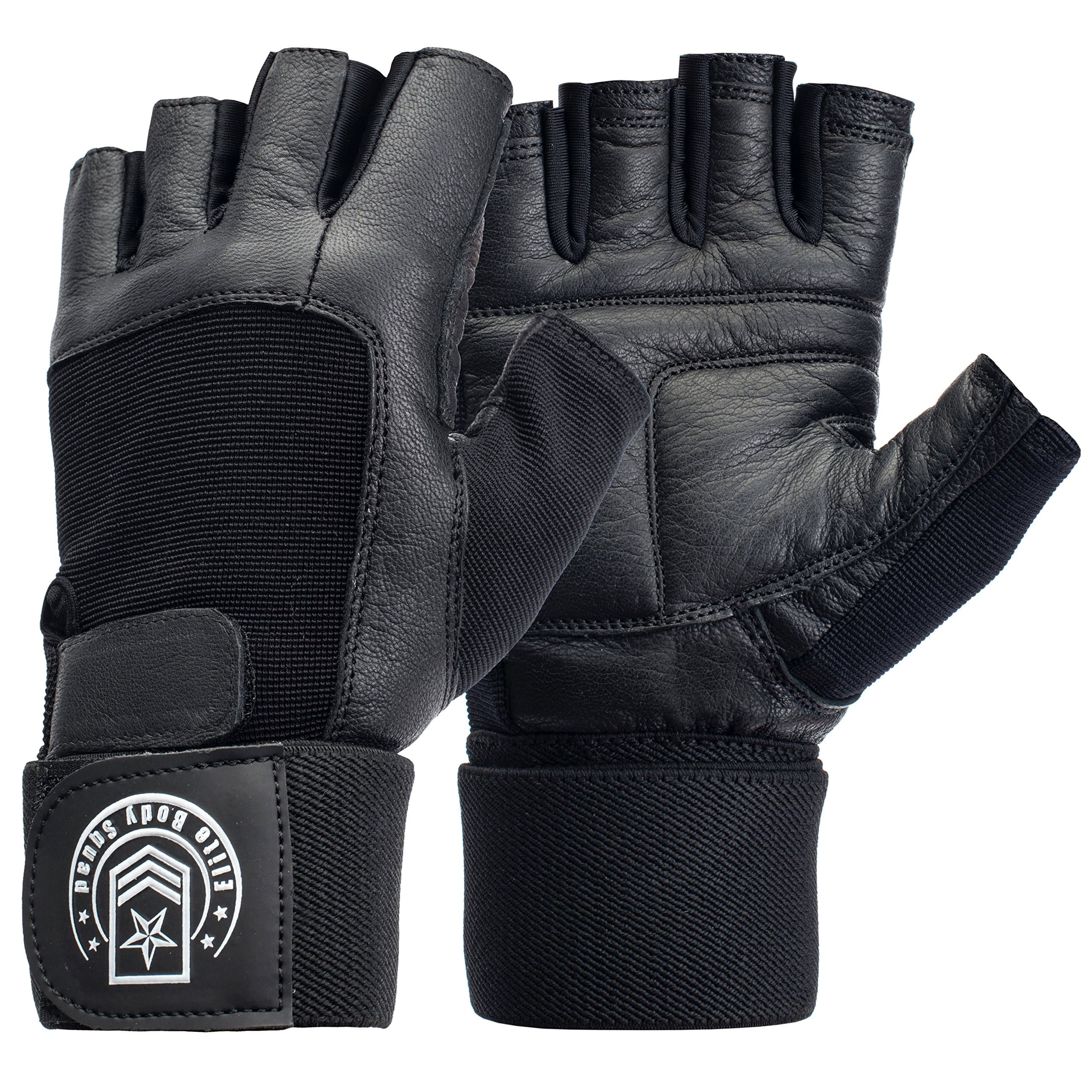 Elite Body Squad Weight Lifting Gloves - Soft Leather Gym Gloves With Wrist Support + Double Stitched Fingers And Palm - Breatheable Mesh Lycra On Back + Easy Open Finger Tab Size Adjuster