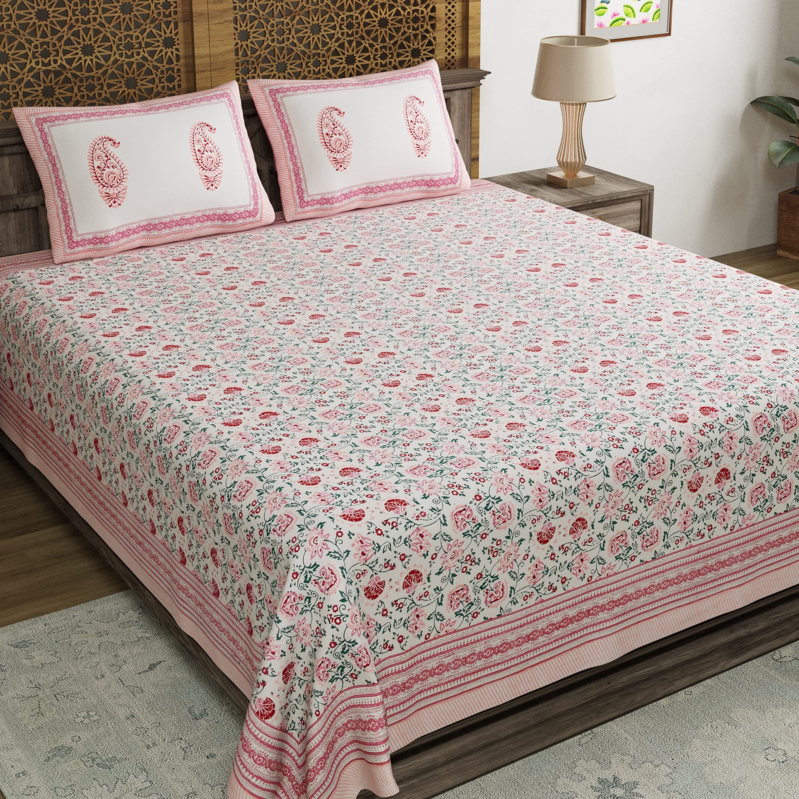BLOCKS OF INDIA Hand Block Floral Printed 300 TC Cotton King Size Bedsheet (Pink Jaal, Pack of 1)