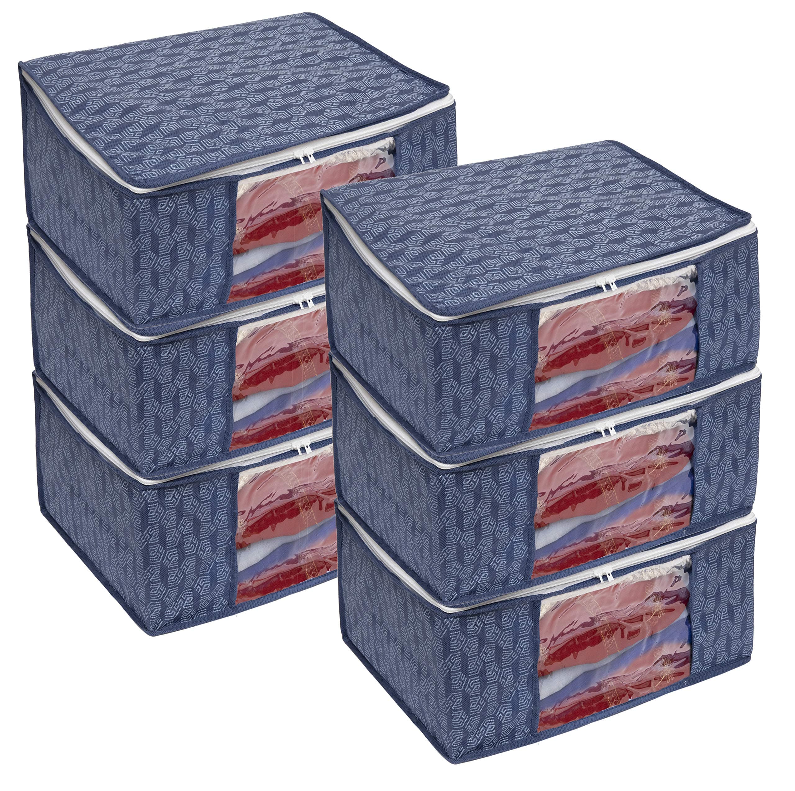 HomeStrap Set of 6 Non-Woven Printed Saree Cover/Cloth Storage/Organizer with Transparent Window (Navy Blue), 33.5 x 22 cm