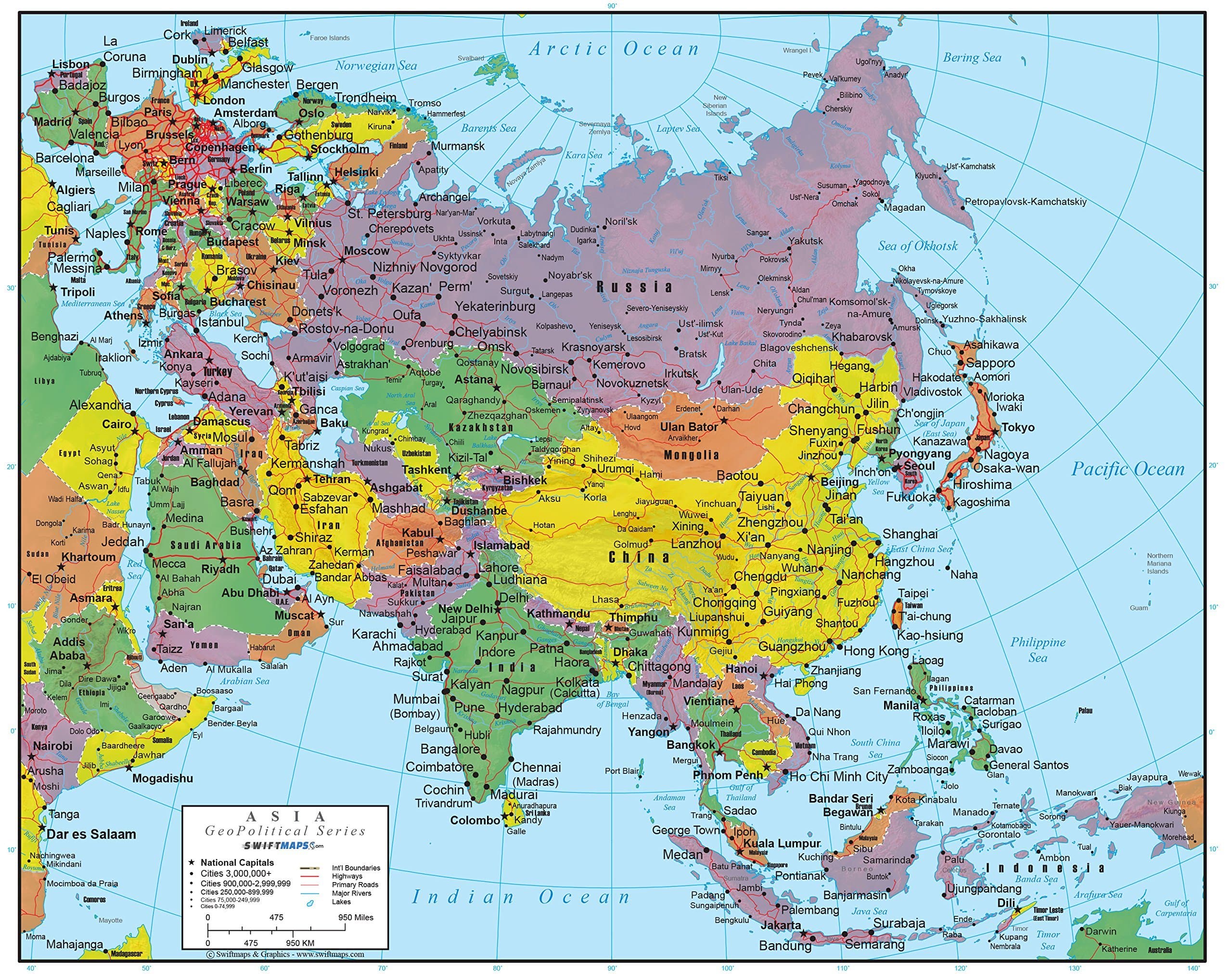 Asia Wall Map GeoPolitical Edition by Swiftmaps (24x30 Laminated)