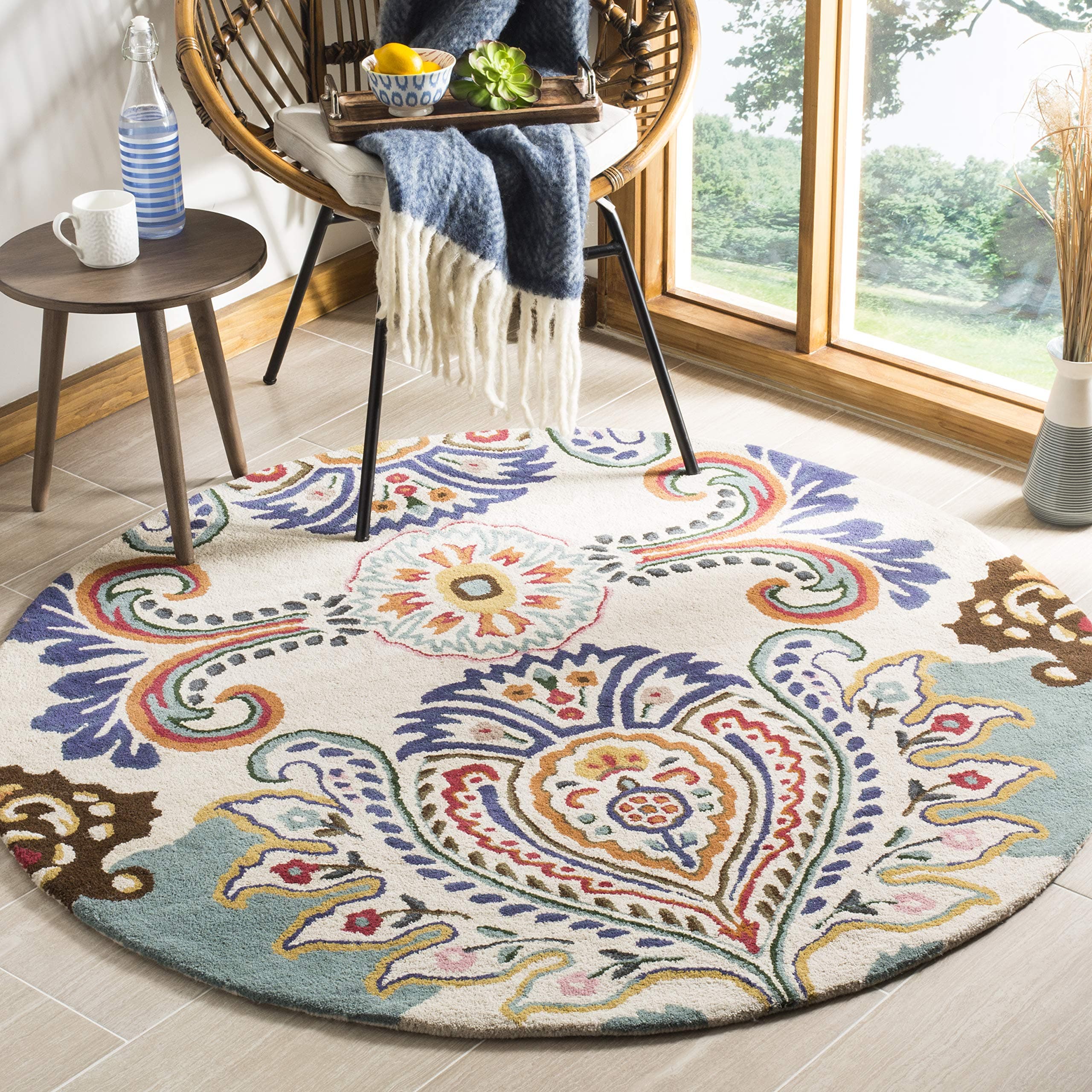 Safavieh Bella Collection BEL118A Handmade Boho Premium Wool Area Rug, 5' x 5' Round, Ivory / Blue