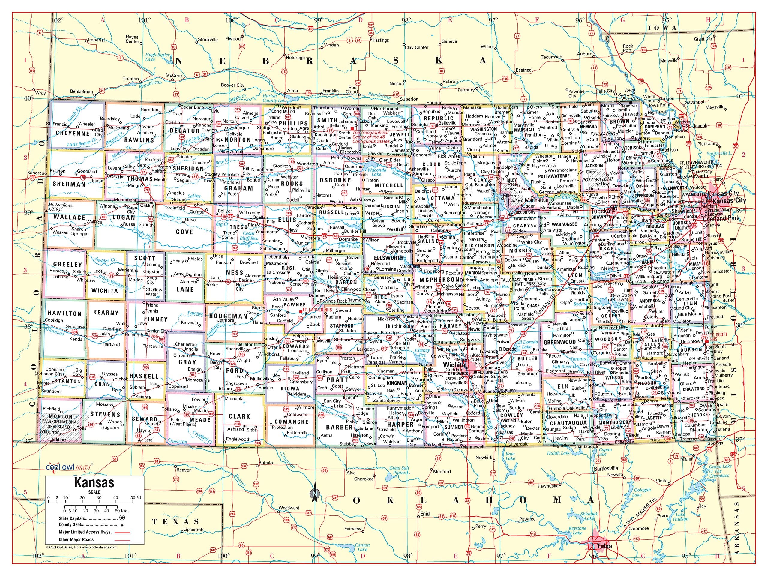 Cool Owl Maps kansas State Wall Map Poster Rolled 24"Wx30"H (Laminated)