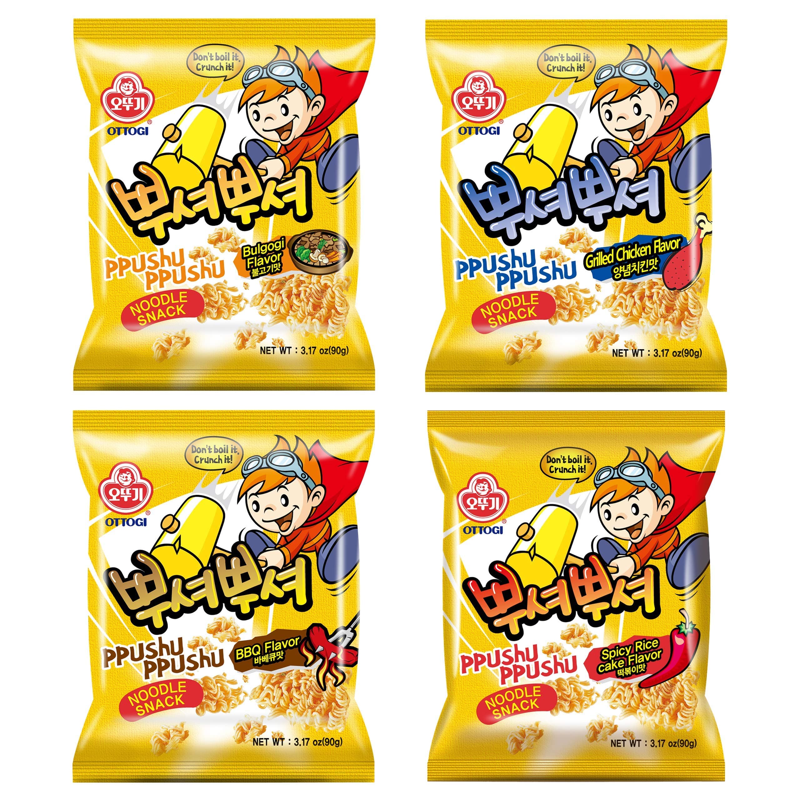 OTTOGI PPUSHU PPUSHU Crush to Eat Noodle Snack- 1 of each Bbq, Bulgogi, Grilled Chicken, Spicy Rice Cake Flavors Variety Pack (90g) - 4 Pack