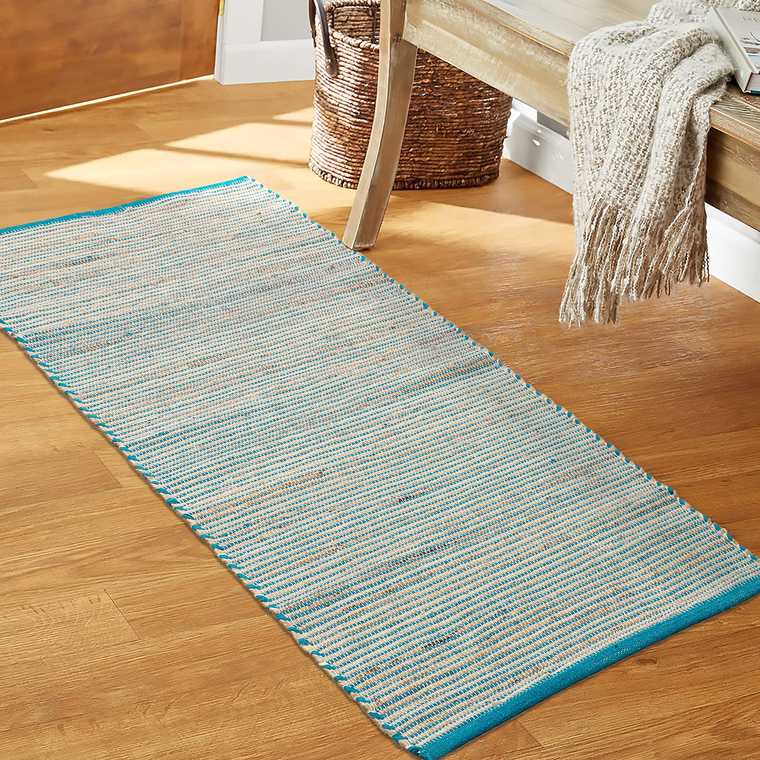 Handmade Cotton Carpets | Tribal Contemporary Decorators | Area Rugs for Bedroom, Center Table, Living Room, Drawing Room, Hall | Machine Wash (Turquoise, 70x140 CM)