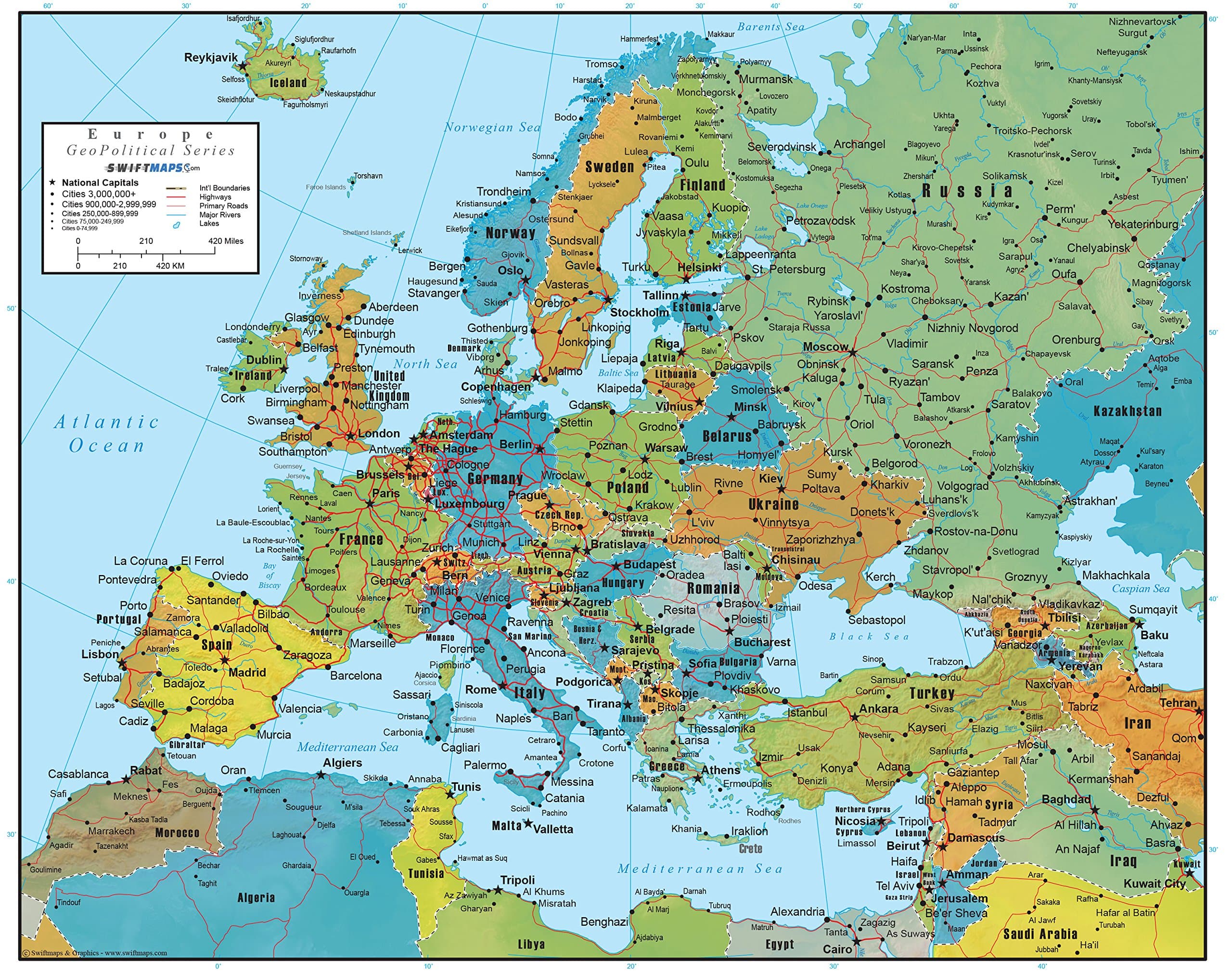 Europe Wall Map GeoPolitical Edition by Swiftmaps (18x22 Laminated)