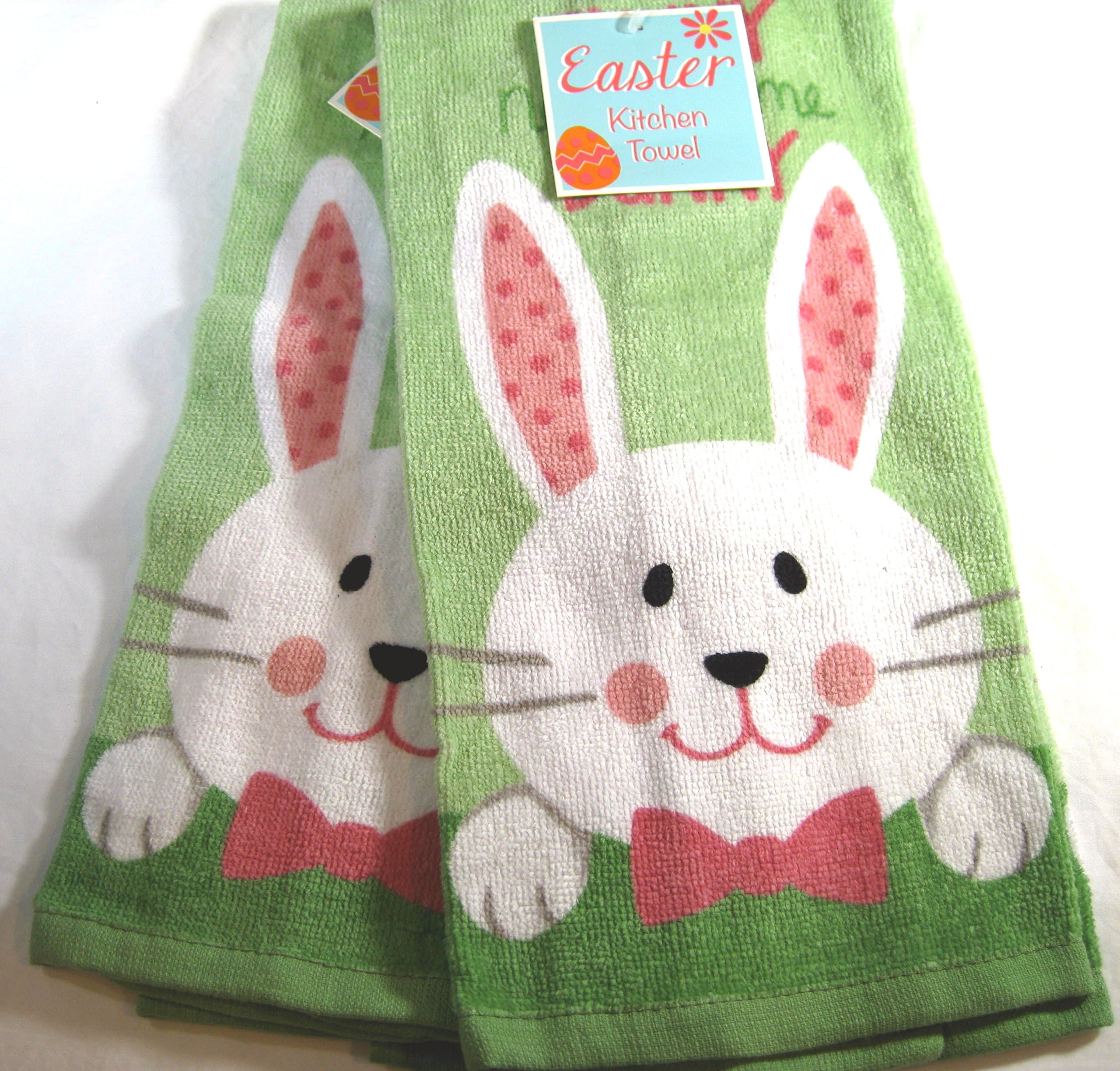 Set of 2 Easter Kitchen Towels- Easter Bunny - 100% Cotton-