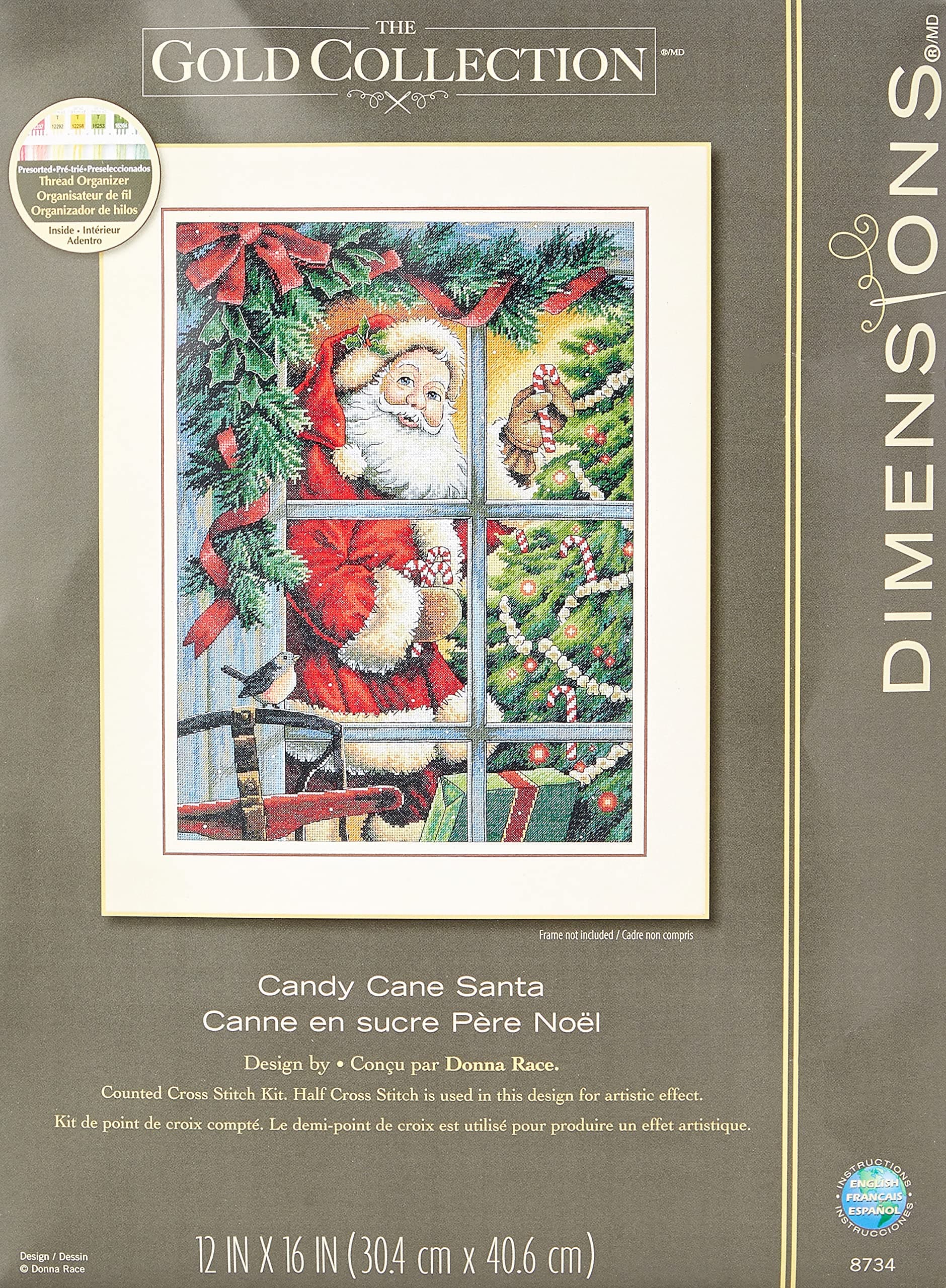 Dimensions Counted Cross Stitch Kit, Candy Cane Santa Christmas Stitch, 16 Count Dove Grey Aida, 12'' x 16''