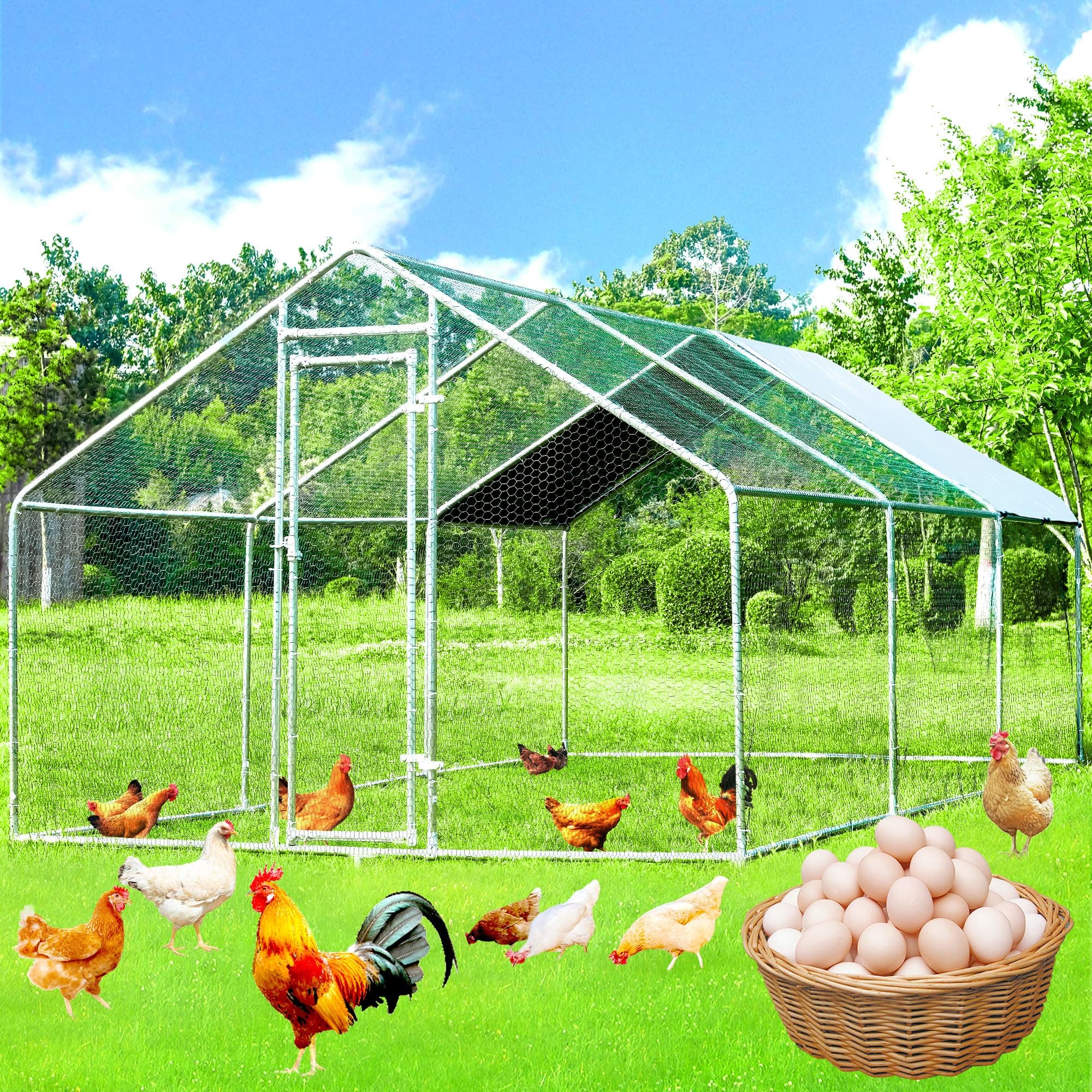 Large Chicken Coop Chicken Runs for Yard with Cover Outdoor Metal Pet Pens Poultry Cage Duck Rabbit House Backyard Use