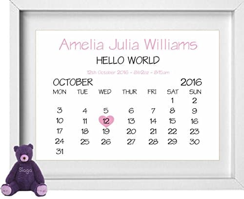 Nursery Picture New Born Baby Girl Calander Personalised, Name, Date, Weight, Time