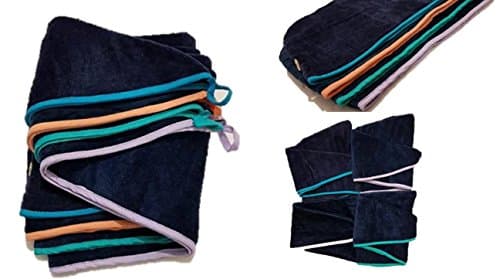 100% COTTON QUICK HAIR DRYING TOWEL TURBAN Twist Wrap Loop Button Hat Cap TERRY (Navy with Light Blue Edging)