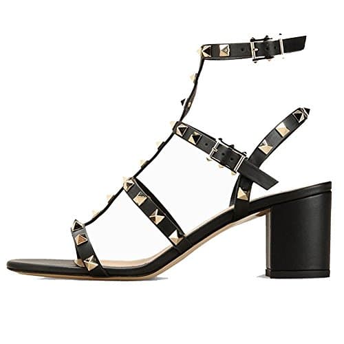 Jushee Women's Rivets Studded Slingback Gladiator Shoes Ankle Strap Block Heel Dress Sandals 6 UK