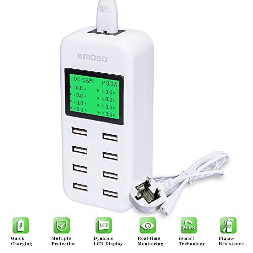 kmoso 8-Port USB Charger Station Desktop Upgraded Smart Multi Wall Charging Hub with LCD Display iSmart Technology (UK Plug 3-pin)