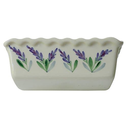 Small 5 Inch Ceramic Deep Butter Dish and Mini Loaf Bread Baking Pan with Scalloped Edges and Decorative Hand Painted Lavender Design