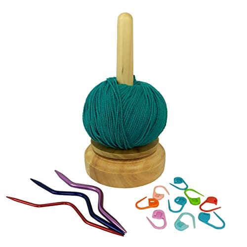 Spinning Yarn Holder BUNDLE with 3 Cable Needles AND Stitch Markers, Yarn Butler, Wooden, Knitting Pack, Easy, Thread Holder, Wool Holder, Revolving, Twirling, Knot Free Knitting, Wood