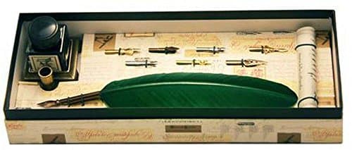 Green Feather Quill with 7 Nibs and Booklet Ink Holder Set by Coles Calligraphy