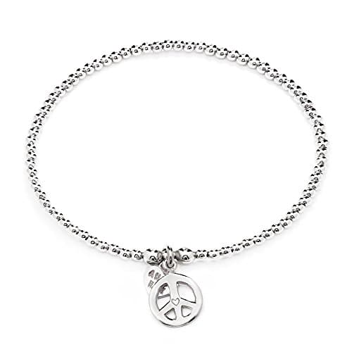ANNIE HAAK 17cm Santeenie Silver Charm Peace Bracelet, Stackable Single Strand with Dainty Peace Charm, 925 Sterling Silver Bead Bracelet