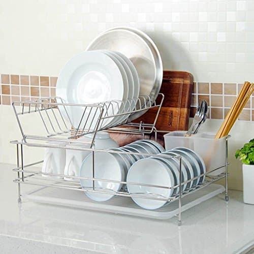 shuang Dish Rack Bowl Shelf Leakage Rack Double Tire Stainless Steel Dish Racks Kitchen Shelf Bowls Shelf Tableware Frame 46*31.5*26.5CM 1023 (Color : White, Size : 46*31.5*26.5CM)