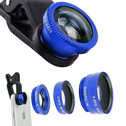 ECVILLA 3 in1 Clip-On 170 Degree Supreme Fisheye + 0.67X Wide Angle+ 10X Macro Lens for iPhone 6 6s 7, Samsung HTC LG Huawei and Other Phone or Tablet (Blue)