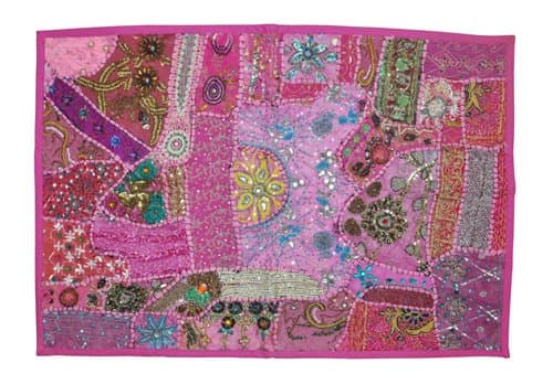 Indian Decorative Wall Hanging Tapestry With Graceful Sequins Beads Mirrors, Zari Silk Thread Embroidery & Multicolour Old Sari Patch Work, 60 X 90 Cm