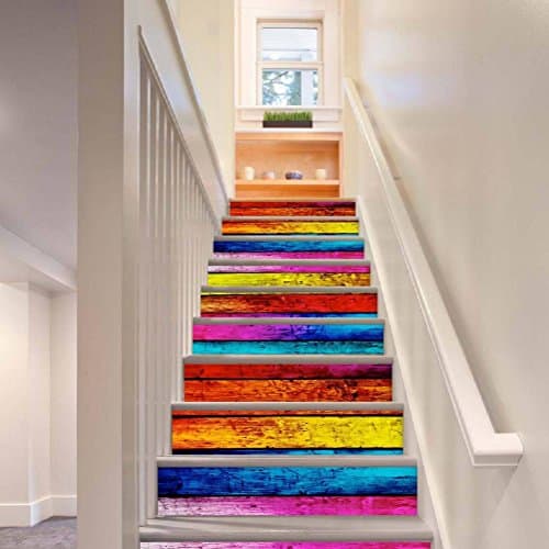 KKYLOVEJ Creative 3D DIY Stairs Stickers Simulation Wood Grain Multicolored HD Mural Self-adhesive Decals Children's Room PVC Waterproof Wallpaper , 1 Set 18 pcs , 100*18cm