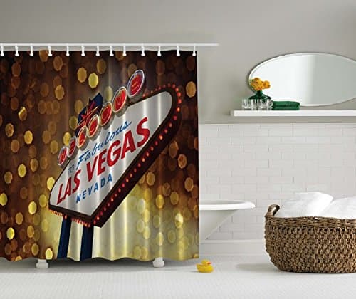 Las Vegas Strip Digital Graphic Technology Shower Curtain Welcome Sign Design Water, Soap, and Mildew Resistant Machine Washable and Ring Hooks Are Included