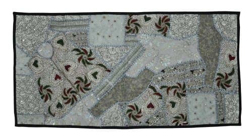 Decorative Indian Wall Hanging With Graceful Sequins Beads Mirrors, Zari Silk Thread Embroidery & Multicolour Old Sari Patch Work, 65 X 127 Cm