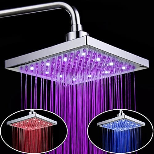 8"inch Square Bathroom Temperature Sensor RGB 3 Color Changing LED Overhead Shower Head Water Glow Chrome Finish