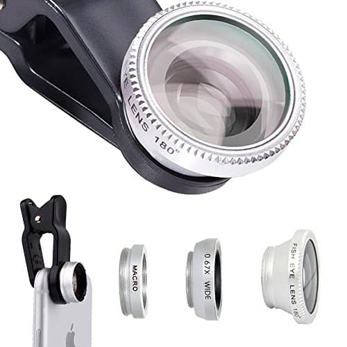 ECVILLA 3 in1 Clip-On 170 Degree Supreme Fisheye + 0.67X Wide Angle+ 10X Macro Lens for iPhone 6 6s 7, Samsung HTC LG Huawei and Other Phone or Tablet (Silver)