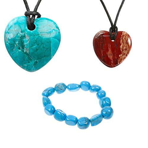 Set of 3 Semi Precious Chrysocolla Howlite Heart Necklace, Red Jasper Heart Necklace & Turquoise Howlite Bracelet for Birthday, Anniversary, Christmas, Ladies Womens Gift Present
