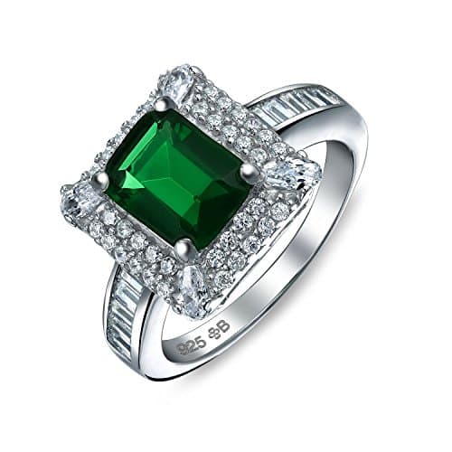 Bling Jewelry Square Simulated Emerald CZ Deco Halo Sterling Silver Ring